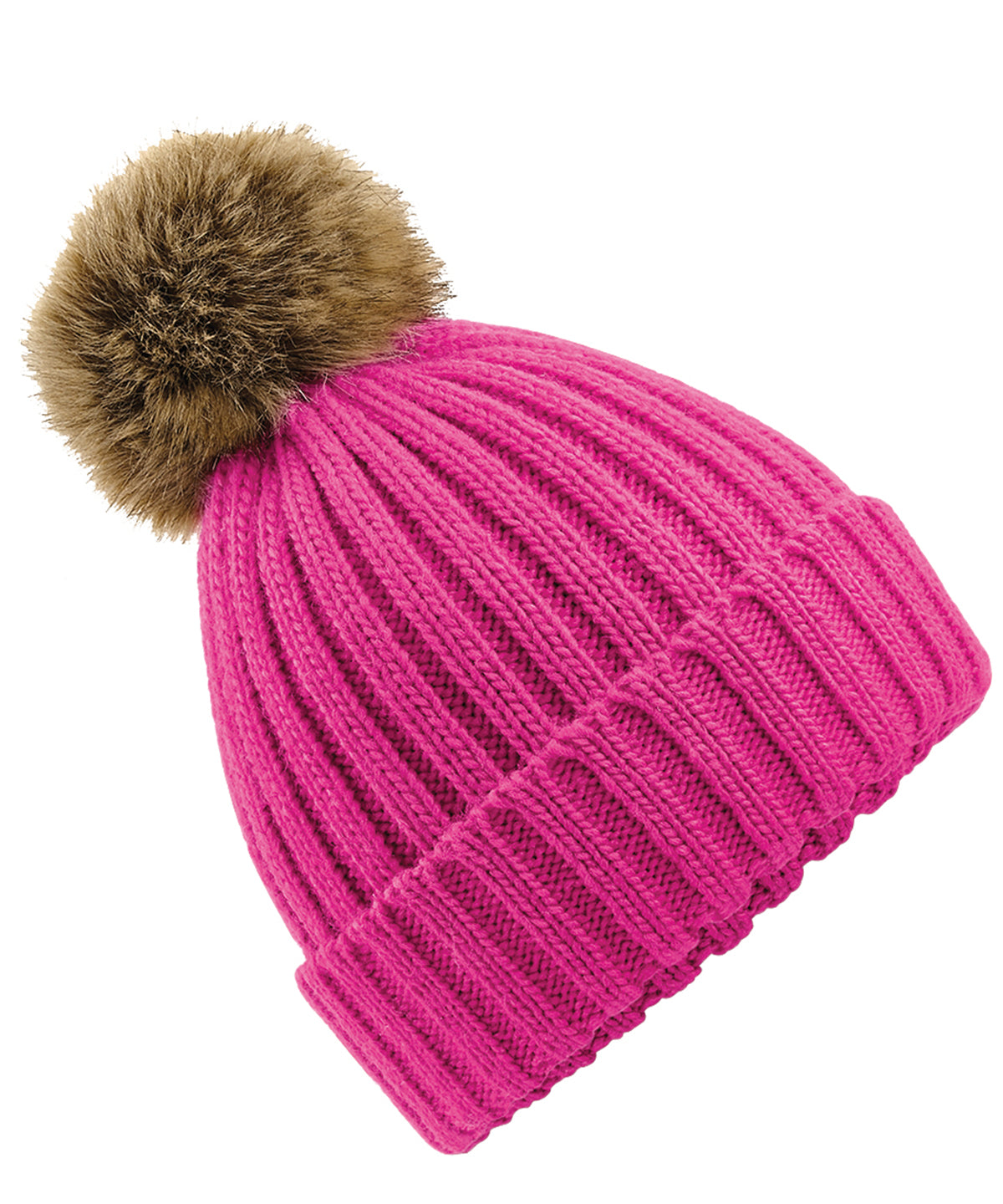Fur Pop Pom Chunky Beanie - B412 - Fuchsia O S - Customisable Beanies