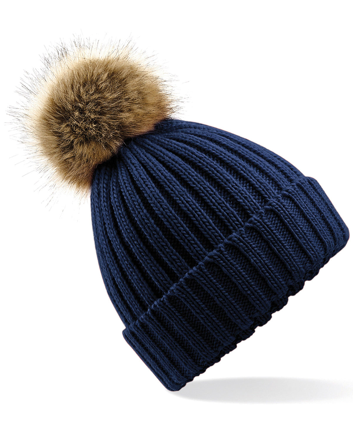 Fur Pop Pom Chunky Beanie - B412 - Navy O S - Customisable Beanies