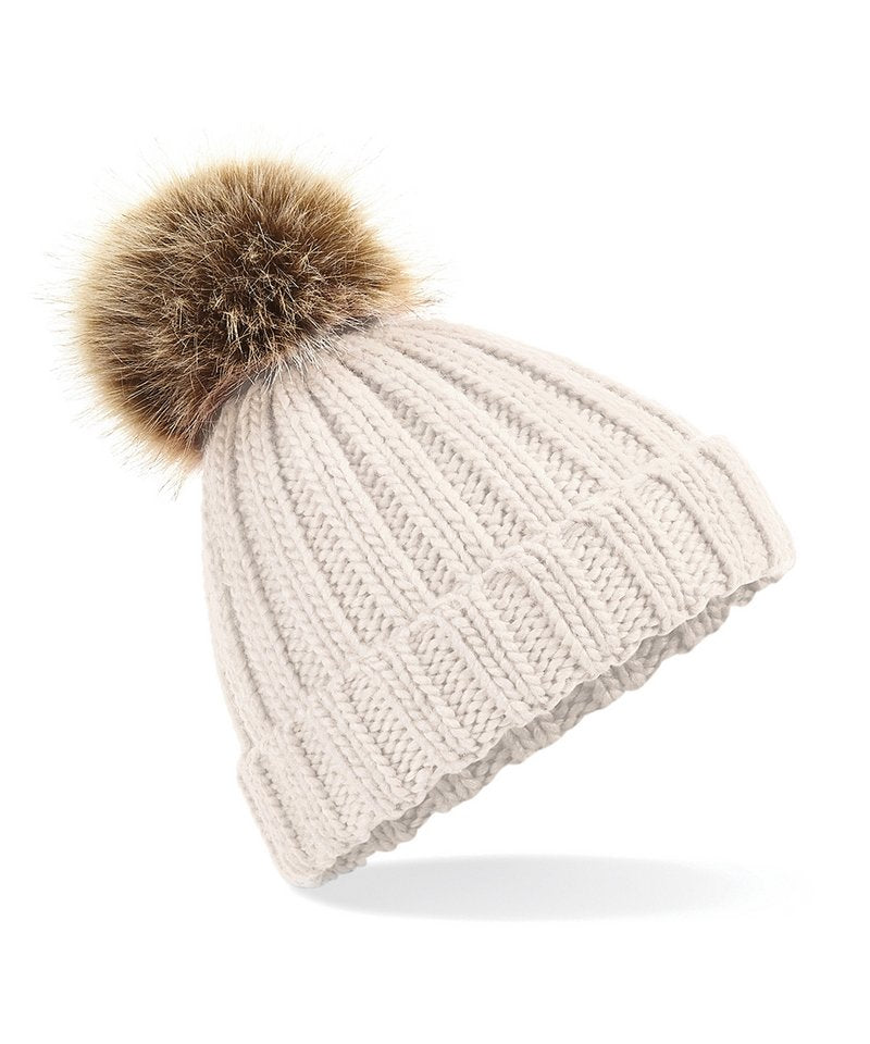 Fur Pop Pom Chunky Beanie - B412 - Oatmeal O S - Customisable Beanies