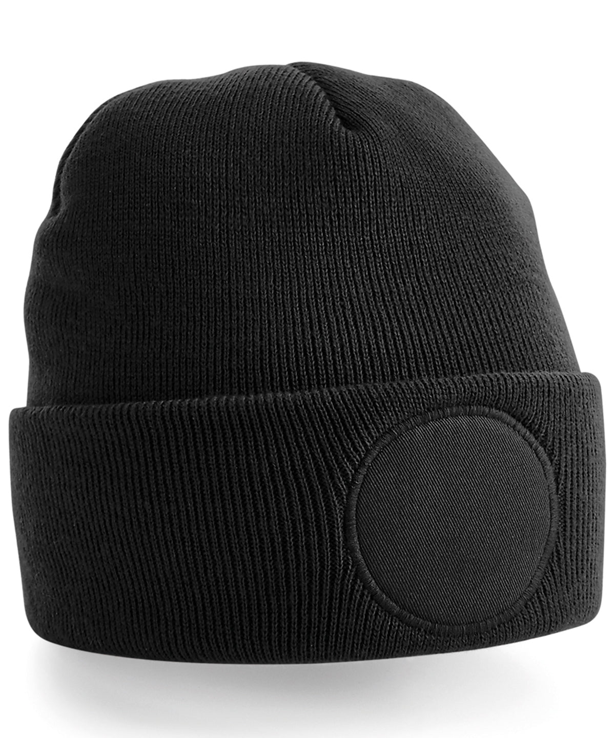 Circular Patch Beanie - B446 - Black O S - Customisable Beanies