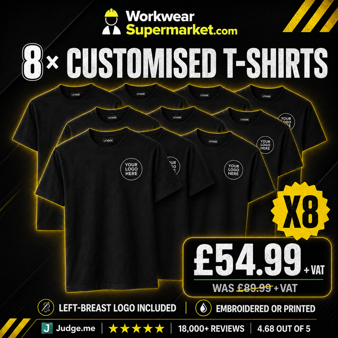 8 Personalised Embroidered Work T-Shirts with Free Logo