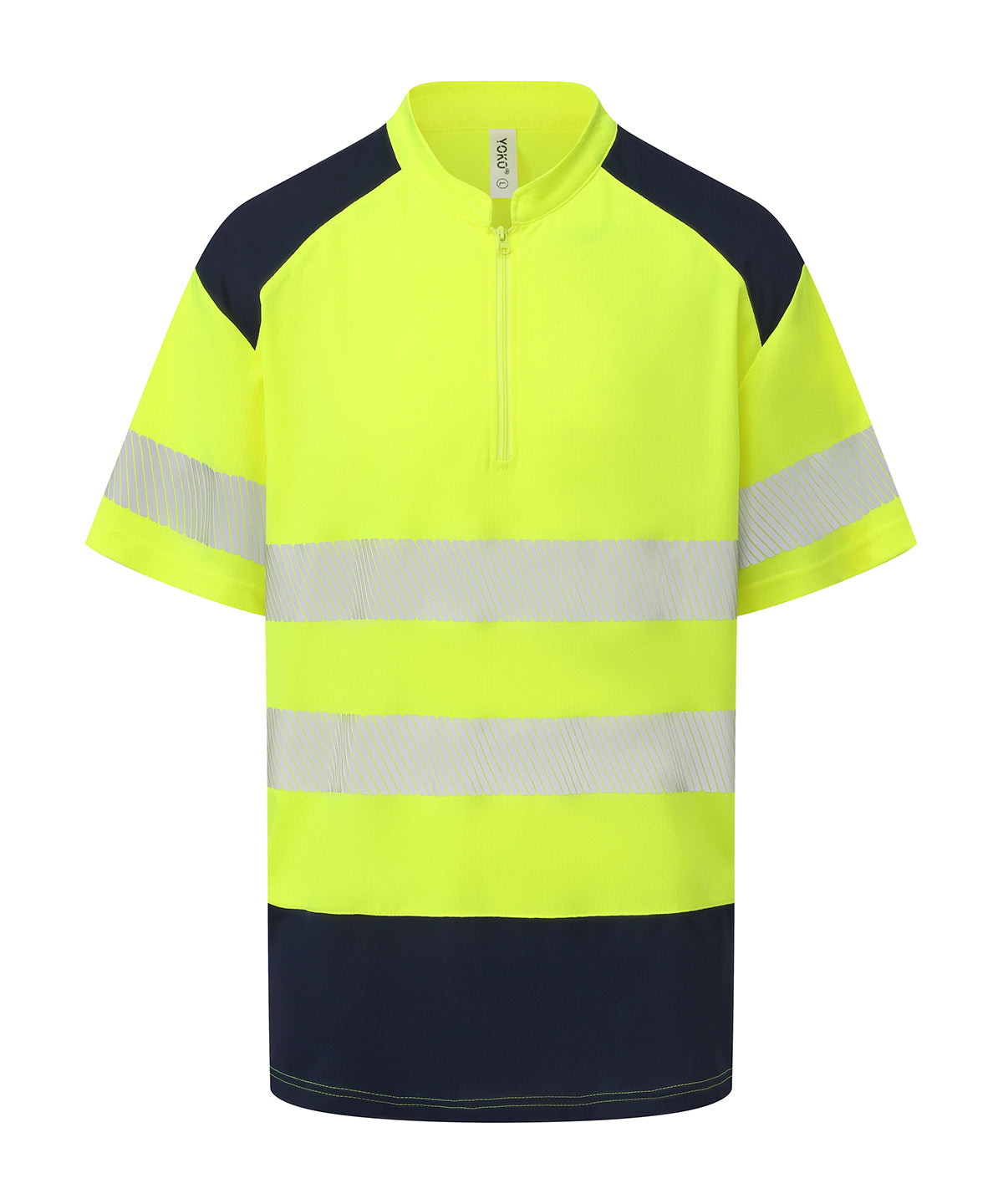 Hi-vis mandarin collar zip neck comfort trim polo (HVJ230) - YK053 - Hi-vis Yellow Navy - Customisable Polos