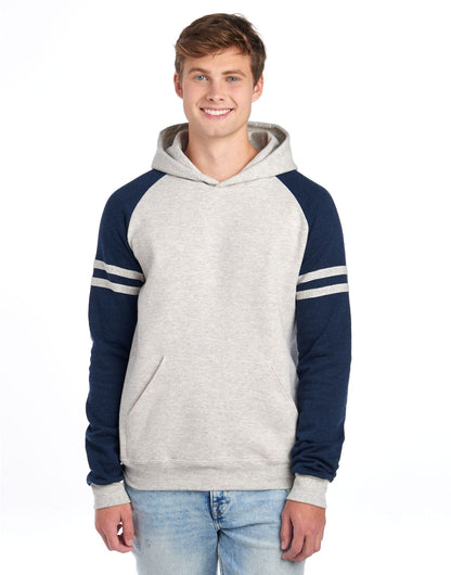 Jerzees NuBlend Varsity Col Block Hood 0S97CR0 - Oatmeal Heather Indigo Heather - Customisable Sweatshirts