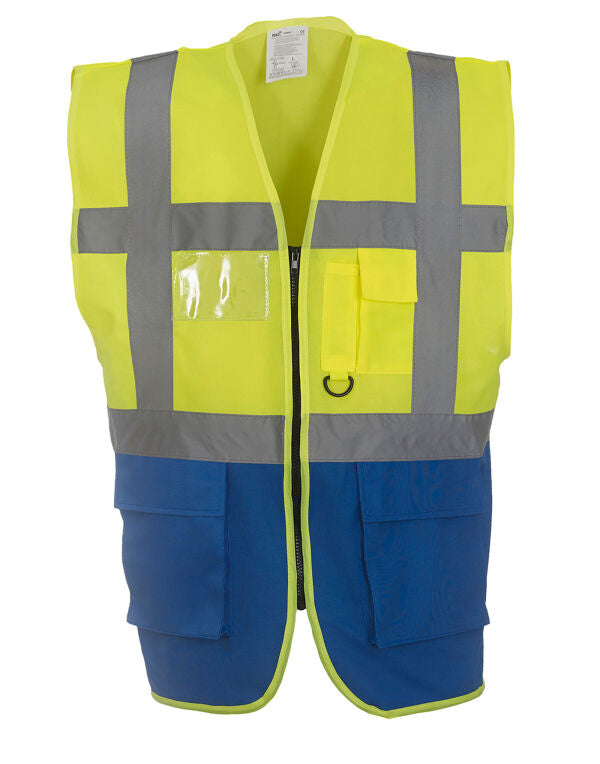 Yoko Hi-Vis Executive Waistcoat HVW801 - Hi Vis Yellow Royal Blue - Customisable Hi-Vis Vest