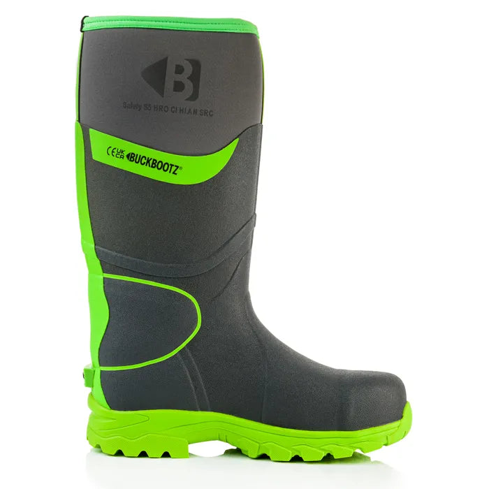 Buckbootz BBZ8000 S5 High Visibility Safety Wellington – Grey / Green - Grey Green - Customisable Wellingtons